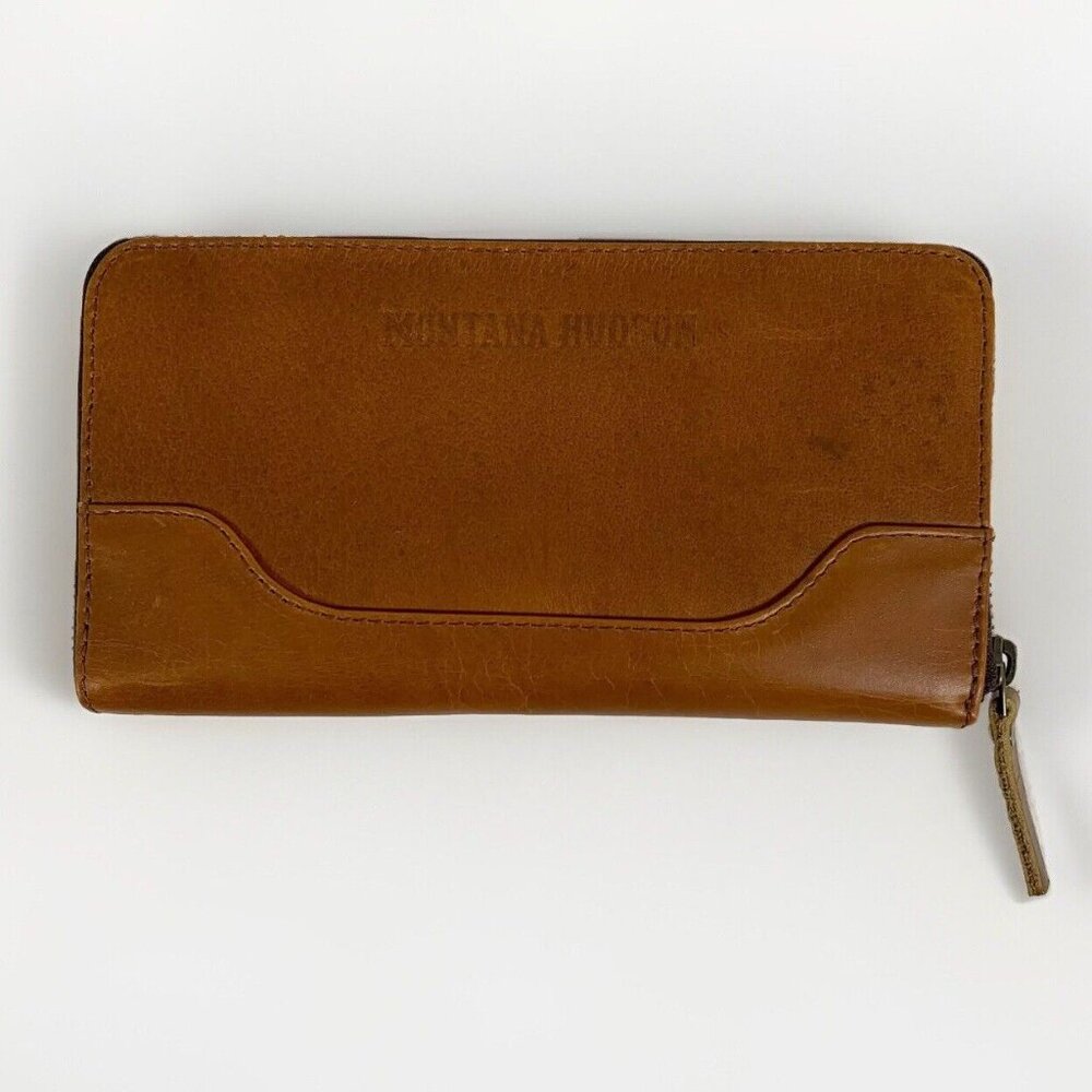 MONTANA HUDSON Zip Around Brown Leather Wallet Organizer Coin CC Bills Slots